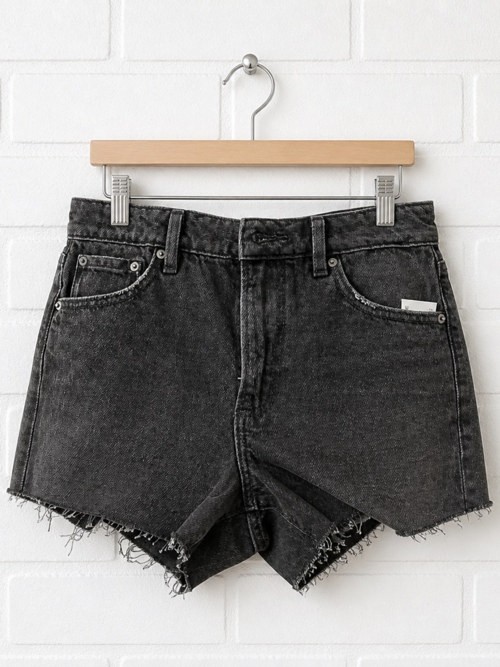 High-Rise Washed Black Denim Shorts with Frayed Hem
